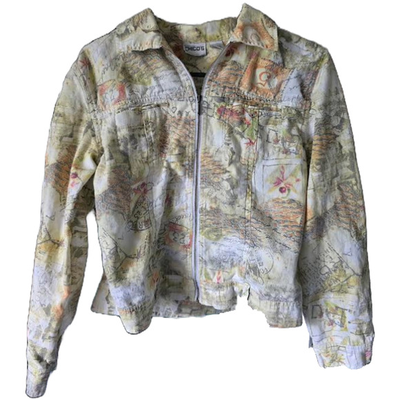 Chico’s Women’s Jacket Size 0 Map Print Zip Front Long Sleeve Cotton Spandex - Picture 1 of 3